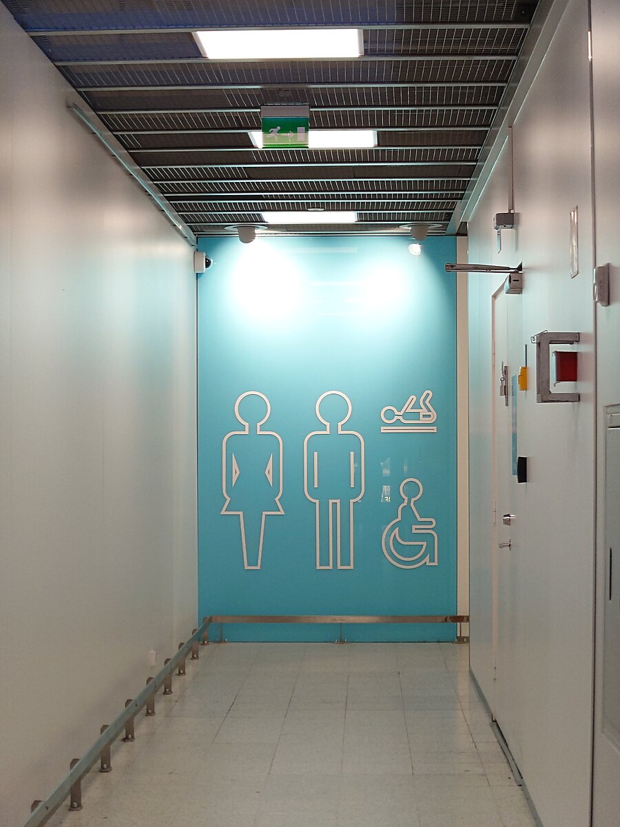 青い壁にピクトグラムが描かれたヘルシンキ空港のトイレ入口