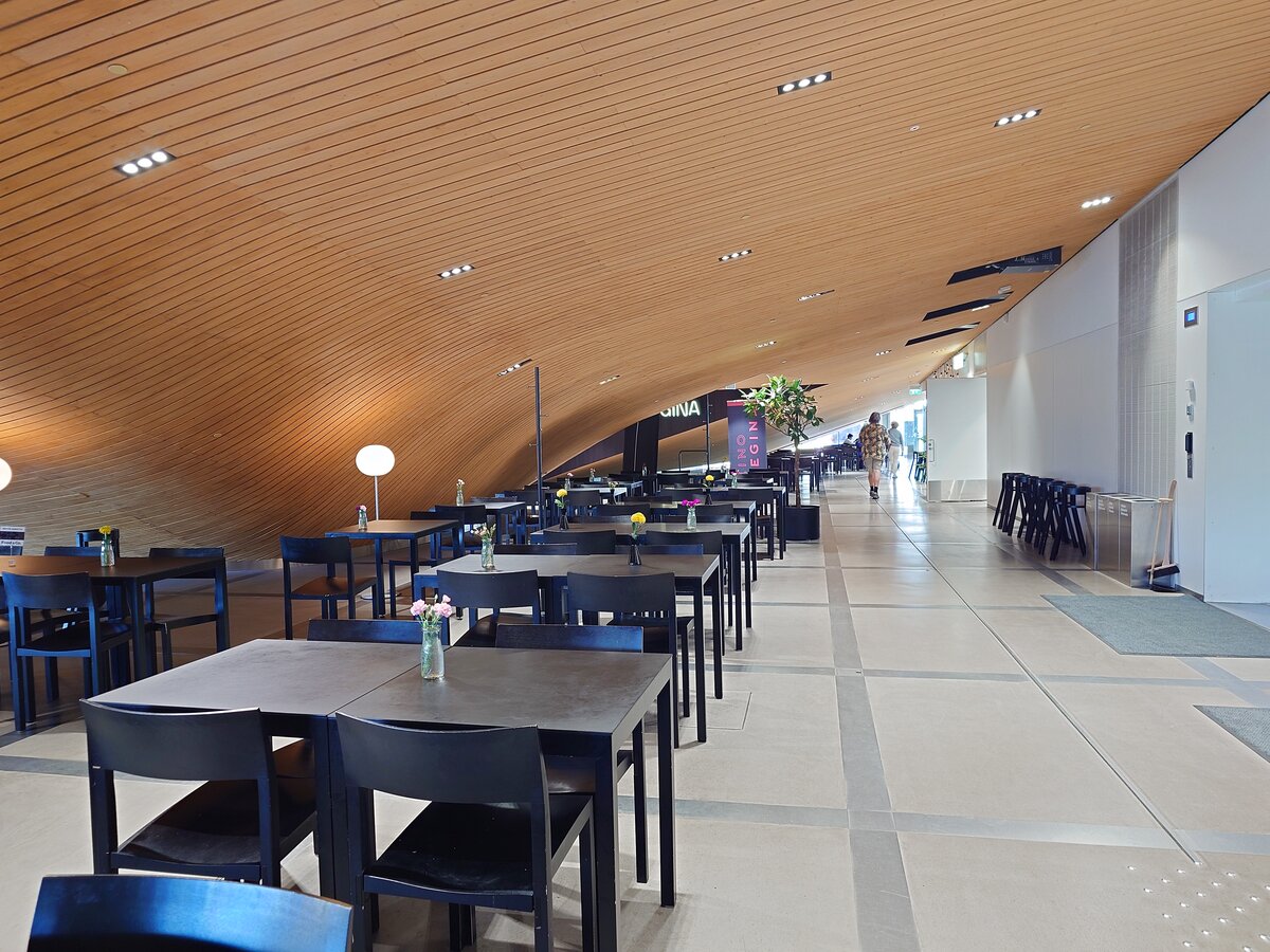 木目の天井が広がるOodi図書館のカフェ席