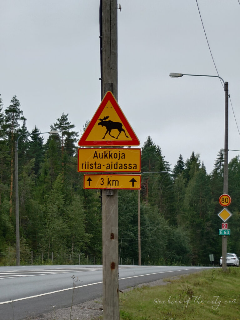 フィンランドの道路脇にある動物注意の黄色い標識